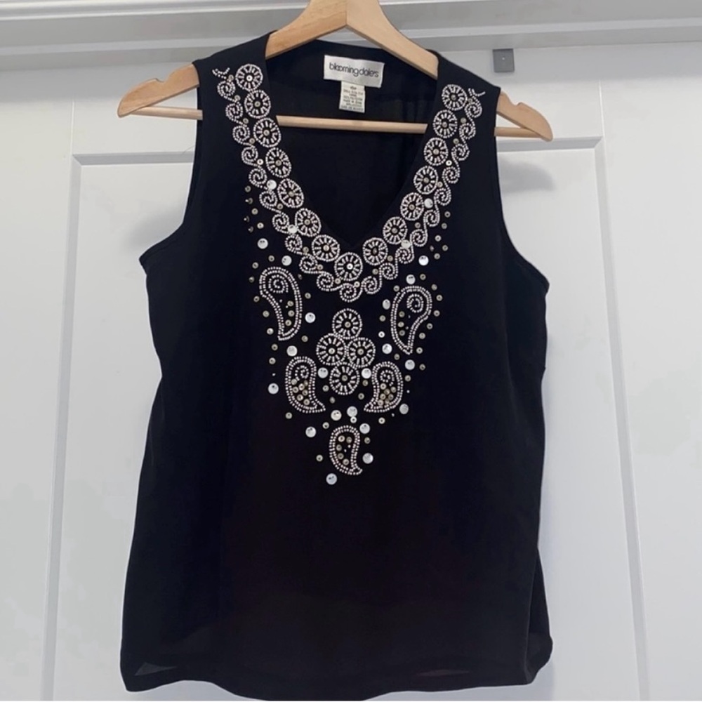 BLOOMINGDALE'S Black Silk Beaded Sleeveless Top - Size 10P